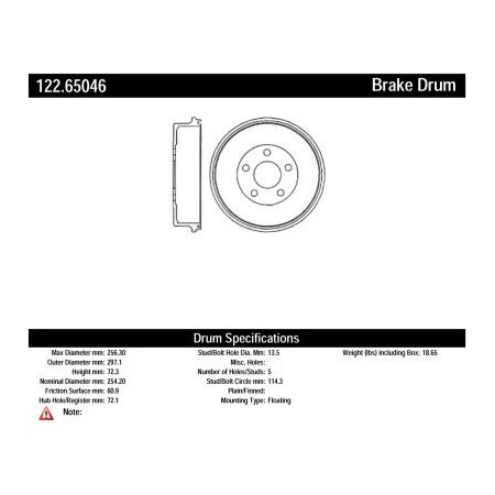 Centric Centric Premium Brake Drum, Centric Parts 122.65046 122.65046